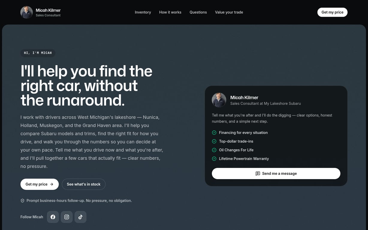 Micah Kilmer's car sales website on Dealer Duo