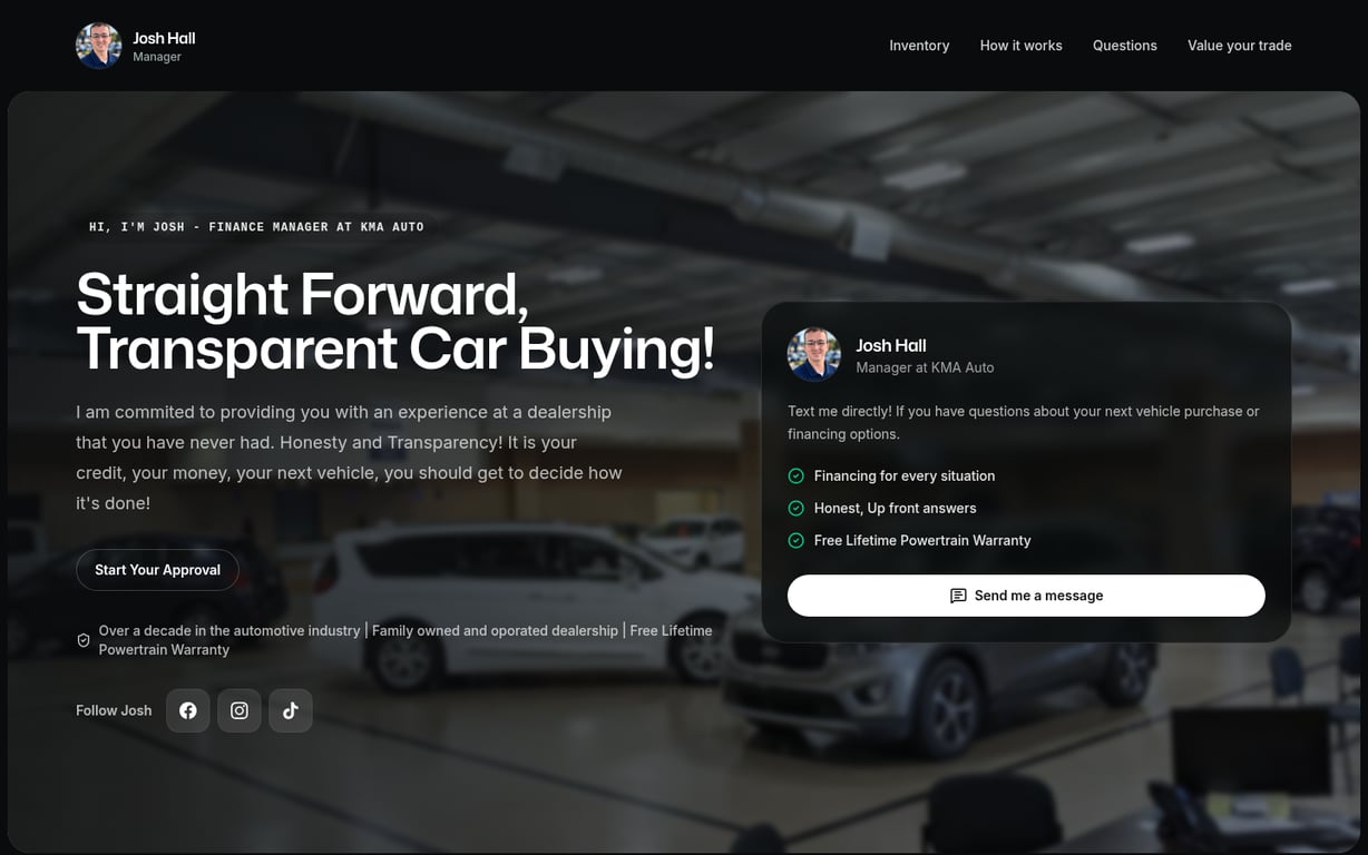 Josh Hall's car sales website on Dealer Duo