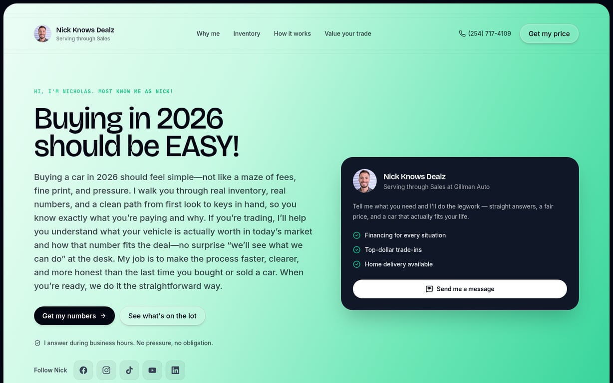 Nick Knows Dealz's car sales website on Dealer Duo