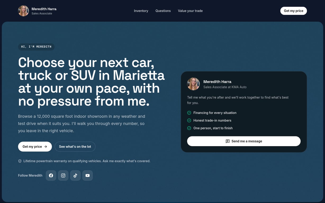 Meredith Harra's car sales website on Dealer Duo