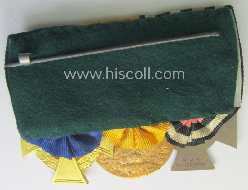 3-pieced, WKI- (ie. TR-) period 'Ordenspange' resp. depicting a: 'Kriegsteilnehmerkreuz ohne Schwn.'), a: Preussen 'Centenarmedaille 1897' and a: 'Treuedienst Ehrenzeichen der 1. Kl.'