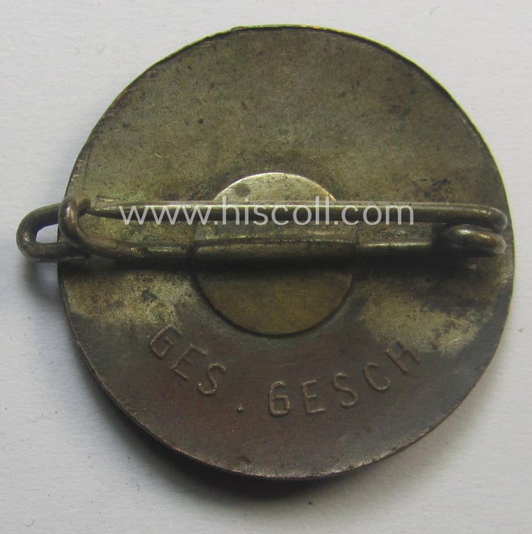 Early-period - and actually quite scarcely found! - 'N.S.D.A.P. - Parteiabzeichen' that is void of a makers'-designation but that shows a: 'Ges.Gesch.'-patent-pending-designation