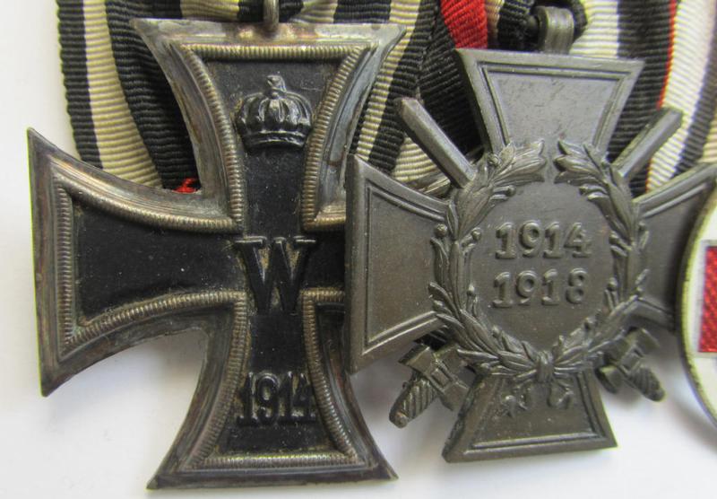 Attractive, WWI- (ie. TR-) period so-called: 'Ordenspange' (being of the non-'detachable-pattern') showing resp. an: 'EK II. Kl.'. a: 'FKK 1914-18 mit Schw.' and a (scarcely seen!): 'DRK-Ehrenzeichen des 3. Modell'
