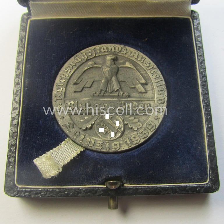 Greyish-silver-toned, 'Reichsnährstand'- (ie. 'RNSt.'-) related, commemorative-award-plaque entitled: '5. Reichsnährstands-Austellung - Blut und Boden - Leipzig 1939 - Frischbutter' and that comes stored in its period etui