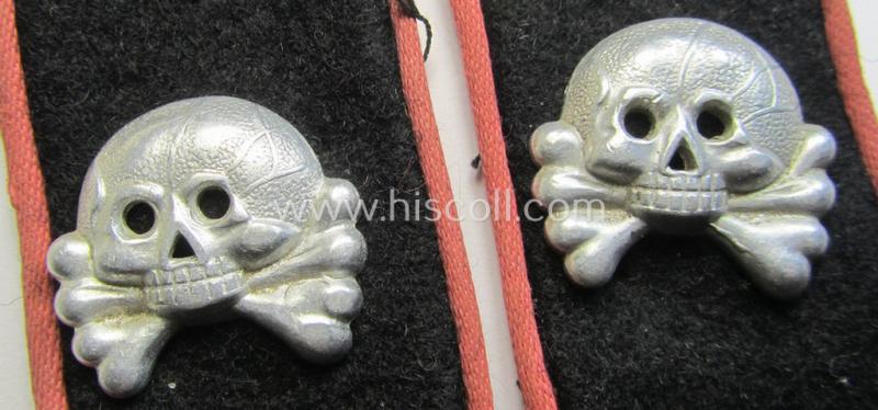 Stunning - and fully matching! - pair of mid- (ie. later-) war-period, WH (Heeres) bright-pink-piped 'Panzer'-collar-tabs (ie. 'Kragenspiegel') each having an aluminium-based and 'two-pronged' skull-device (ie. 'Totenkopf') period-attached