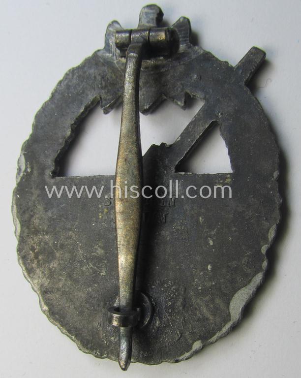 WH (Kriegsmarine) 'Marine-Artillerie-Abzeichen' being a clearly maker- (ie. 'Schwerin - Berlin'-) marked and/or zinc- (ie. 'Feinzink'-) based example