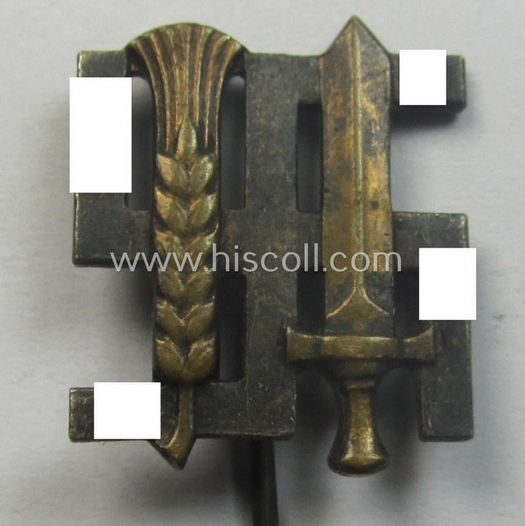 Membership lapel-pin: 'Reichsnährstand' (or: 'RNSt') being maker- (ie. 'Deschler'-) marked example that is executed in multi-coloured, so-called: 'Buntmetall'