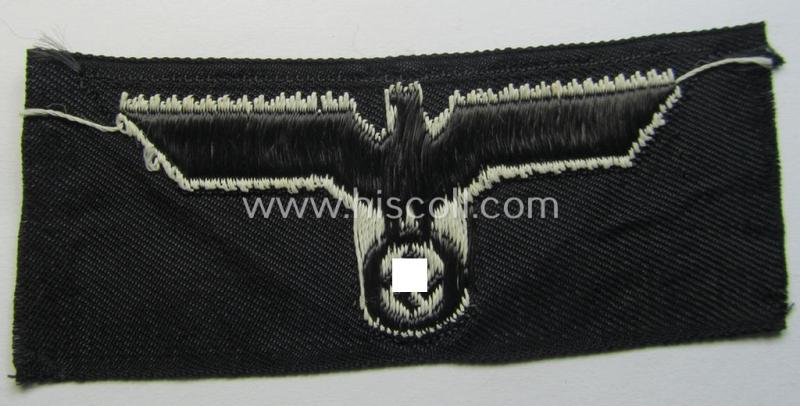 Neat, WH (Heeres) early- (ie. evt. pre-) war-period- and/or white-coloured 'Panzer'-type side-cap-eagle of the so-called: 'M39'- (ie.'M40'-) pattern as was executed in the neat 'BeVo'-weave pattern on a black-coloured background