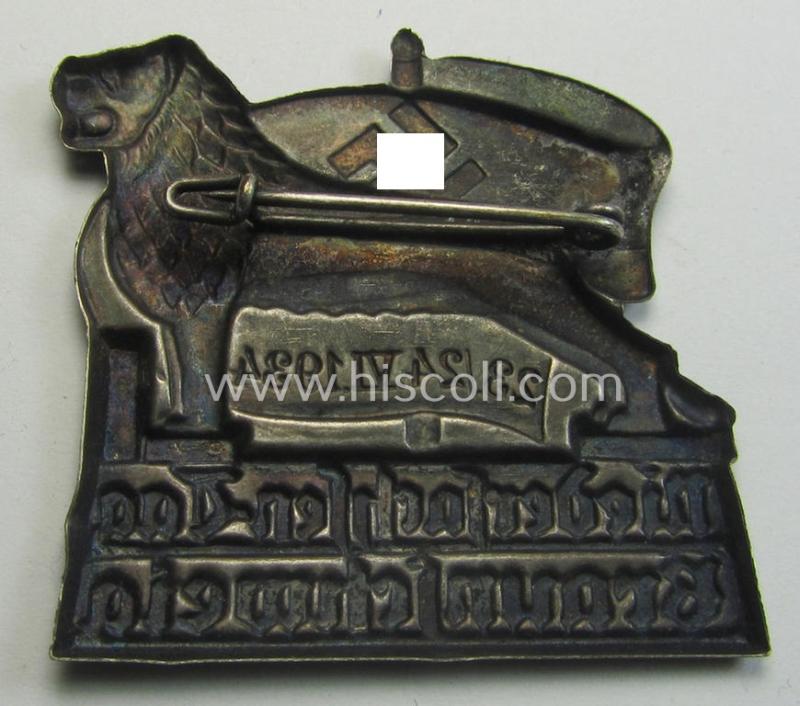 Silver-toned- & early-period 'N.S.D.A.P.'-related day-badge (ie. 'tinnie' or: 'Veranstaltungsabzeichen') being a non-maker-marked example depicting a lion and swastika-flag coupled with the text: 'Niedersachsen-Tag - Braunschweig - 23./24.VI.1...