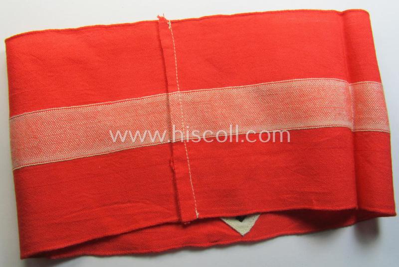 Attractive - and scarcely found! - 'standard-issued'- (ie. entirely woven) pattern, bright-red-coloured HJ- (ie. 'Hitlerjugend'-) related armband (ie. 'Armbinde') being a moderately used example that is void of an 'RzM'-etiket