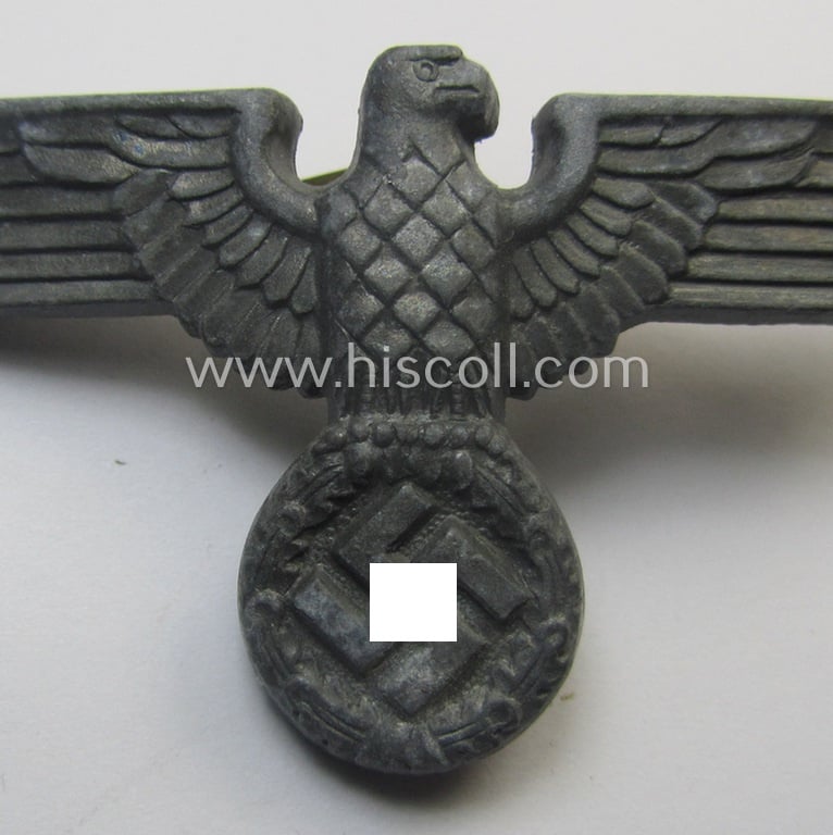 Greyish-silver-coloured- and/or: zinc- (ie. 'Feinzink'-) based (political-style) visor- (ie. 'Schirmmützen'-) cap-eagle being a detailed example that is neatly: 'RzM' and/or: 'M1/166' marked