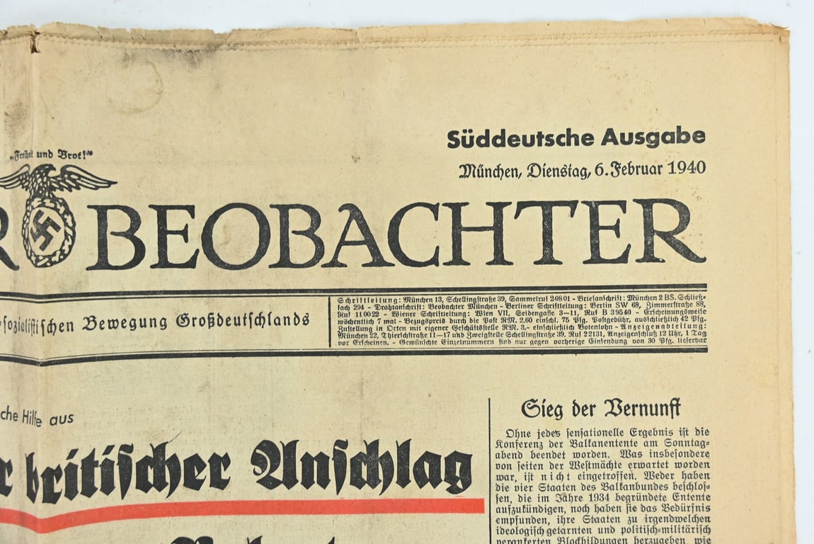 German Newspaper Volkischer Beobachter 6 February 1940