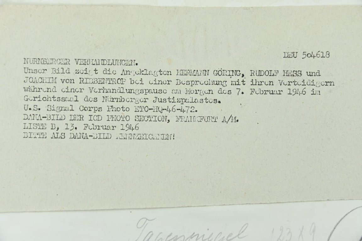 Allied Nuremberg War Trail Press Photo 'Göring & Hess'