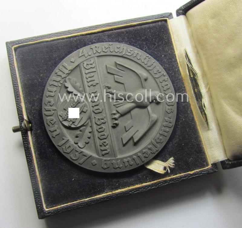 Greyish-silver-toned, 'Reichsnährstand'- (ie. 'RNSt.'-) related, commemorative-award-plaque entitled: '4. Reichsnährstands-Austellung - Blut und Boden - München 1937 - ungesalzene Butter' and that comes stored in its period etui