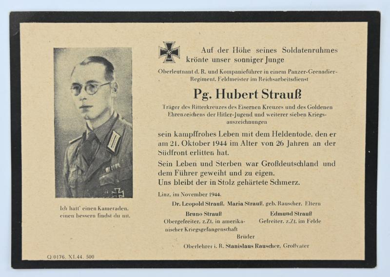 German Deathcard 'Panzer Grenadier Hubert Strauss, Knight's Cross Recipeint