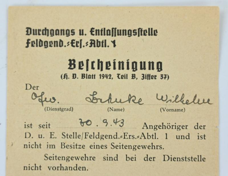 German WH Feldgendarmerie Certificate