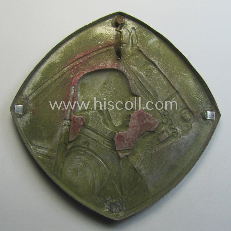 Silverish-grey-coloured- (and I deem typical tin-based) WH (Heeres ie. 'Kavallerie- o. Reiter'-) related so-called: 'photo-album-device' depicting a German soldier wearing a steel-helmet with his horse