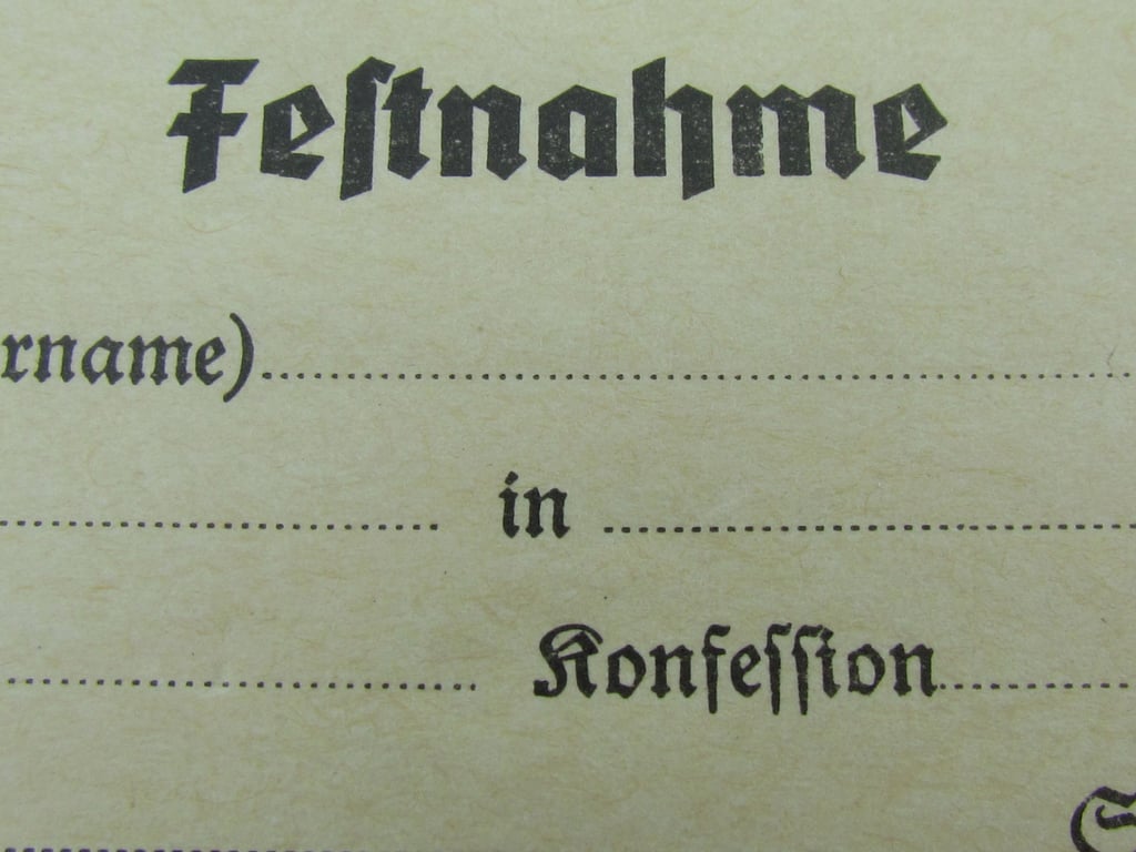 Blank Gestapo Arrest Report Form (Festnahme)