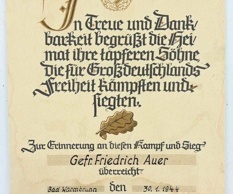 German WH Death Certificate 'Gefr. Friedrich Auer'