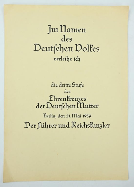 German Third Reich Empty Certificate Mothercross in Bronze