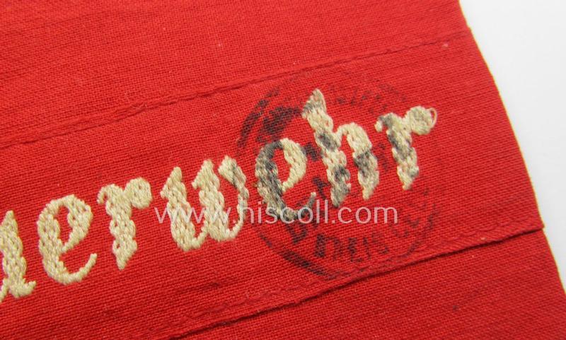 Very unusual - and most certainly not often seen! - EM- (ie. NCO-) pattern (I deem) 'Reichsluftschutzbund' (ie. 'RLB'-) service-armband showing the interwoven text: 'Pflichtfeuerwehr'