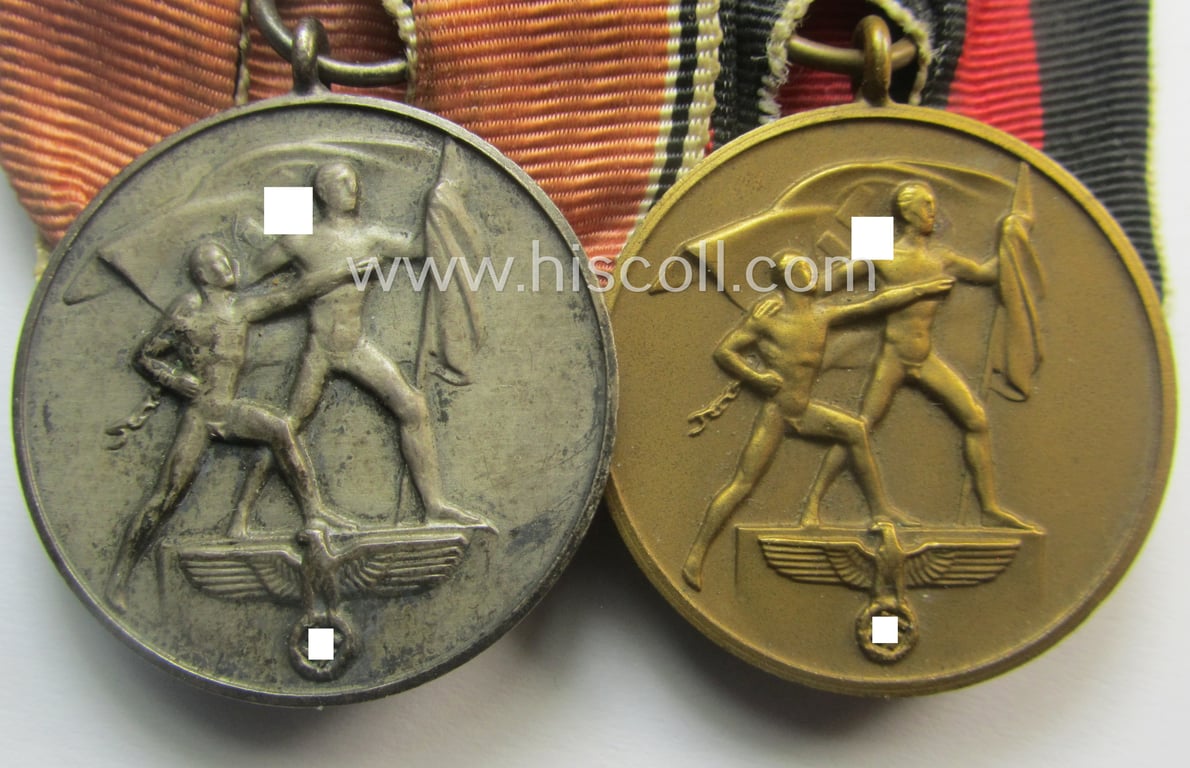 2-pieced, WH (Heeres o. Kriegsmarine) medal-bar (ie.: 'Doppelspange') showing resp. an Austrian and Czech 'Anschluss'-medal (which latter comes with a firmly attached 'Prager Burg-Spange')