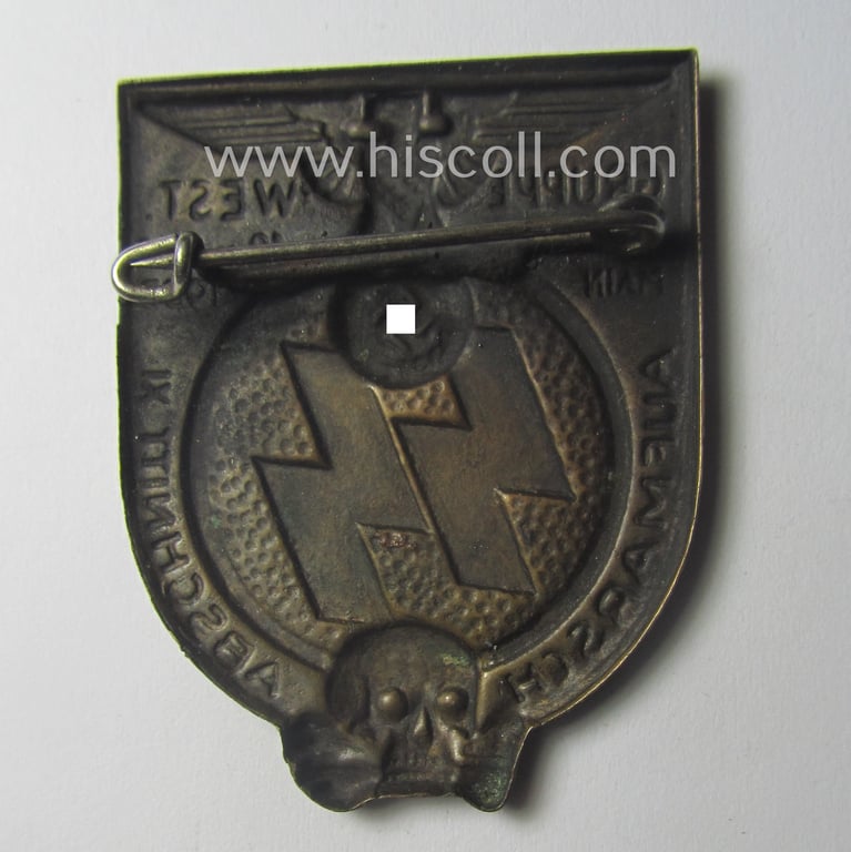 Early-period, SS-related 'tinnie' ie. 'Veranstaltungsabzeichen' being a non-maker-marked example showing a: 'Reichsadler', skull and 'SS-runes' coupled with the text: 'Gruppe West - Frankfurt Main - 10. u. 11.-VI- 1933'
