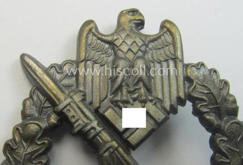 'Virtually mint', 'Infanterie Sturmabzeichen in Bronze' being a maker- (ie. 'JFS'-) marked, 'solid-back' example by the desirable maker: 'Josef Feix u. Söhne' as was executed in golden-bronze-coloured, zinc-based metal