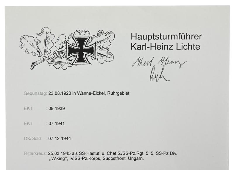 Signature of Waffen-SS KC Recipient 'Karl-Heinz Lichte'