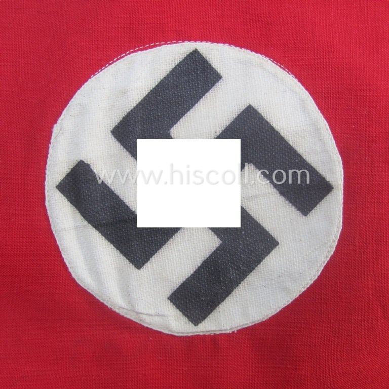 'Patriotic-styled'- and nicely constructed! - white- and red-coloured N.S.D.A.P.-related patriotic- ie. bicycle-flag (ie. 'Fahrrad- o. Symphatie-Fahne') depicting a double-sided (printed-styled) woven swastika-patch