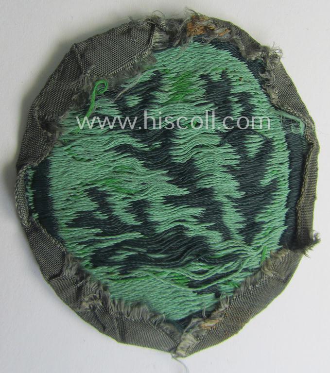 Truly used- and/or worn, WH (Heeres) EM- (ie. NCO-) type, so-called: 'Jäger'-armpatch being a (typical) 'BeVo'-woven example as was executed on field-grey-coloured linnen as was intended for usage by the: 'Jäger-Truppen'