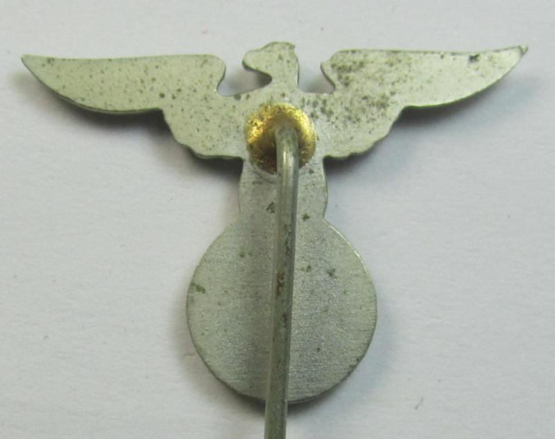 Silverish-coloured - and truly very detailed! - so-called: 'N.S.D.A.P.'-supporter- (ie. membership-) lapel-pin (ie. 'tie'-pin) being a non-maker-marked example showing a pronounced (early pattern) 'Reichsadler'-device