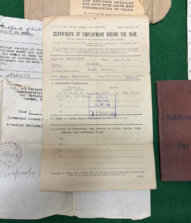 Paybook and Documents WO1 Warren Royal Engineers