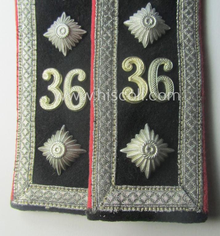 Superb - and rarely found! - pair of WH (Heeres) 'cyphered', NCO-type shoulderstraps (for usage onto the black-coloured, 'wrap-around'-styled Panzer-tunics)  as intended for usage by an: 'Oberfeldwebel des Panzer-Rgts. 36'