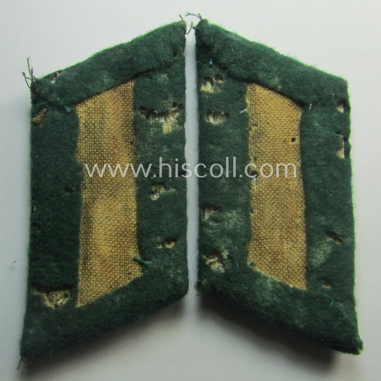 Fully matching - and clearly used! - pair of WH (Heeres) hand-embroidered, officers'-type collar-tabs (ie. 'Kragenspiegel für Offiziere') as was intended for - and/or clearly worn by! - an: 'Offizier der Nebelwerfer-Trpn.'