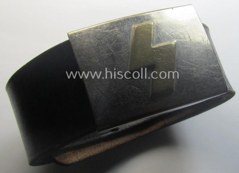 Complete(!) DJ (ie. 'Deutsches Jungvolk') silver-coloured- (ie. typical nickle-chromed) belt-buckle (ie. 'Koppelschloss') being a maker- (ie. 'RzM U.E. 72'-) marked example that comes mounted onto its (nicely marked), leather-based belt