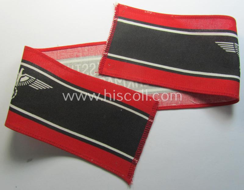 Superb, typically printed- and/or later-war-period, bright-red- and/or black-coloured so-called: 'Deutscher Volkssturm'-armband (ie. 'Armbinde') that comes in an overall very nice- (I deem hardly used- nor worn- ie. 'virtually mint'-), conditio...