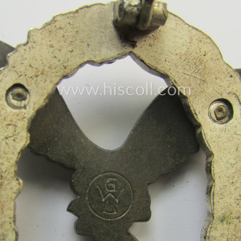 Superb, WH (Luftwaffe) 'Flugzeugführer-Abzeichen' (or: pilots'-badge) being a neatly maker- (ie. 'GWL'-) marked- and/or: 'Buntmetall'-based example as was produced by the maker: 'Gebrüder Wegerhoff'