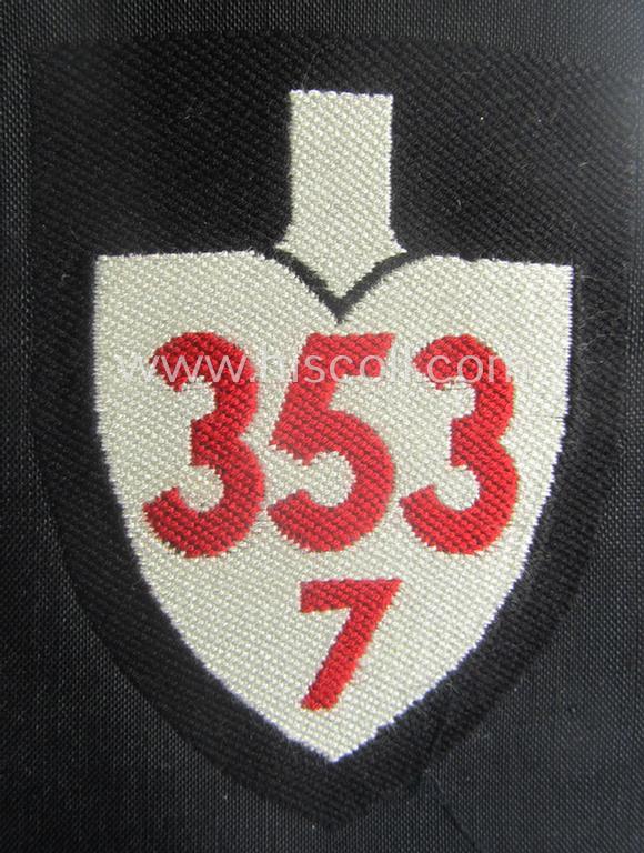 'BeVo'-woven, enlisted-mens'- (ie. NCOs'-) pattern so-called: RAD (ie. 'Reichsarbeitsdienst') sleeve-badge (or: 'Dienststellenabzeichen') bearing the specialist- ie. unit-designation that reads: '353/7'