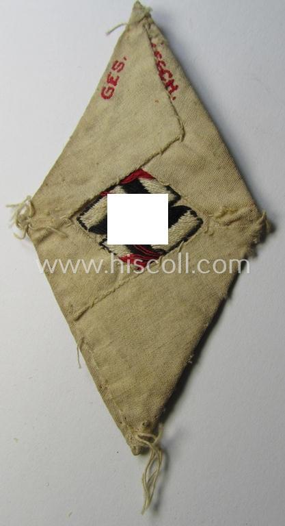 'Standard-issue'-pattern, 'Hitlerjugend'- ie. 'Bund Deutsche Mädel (HJ/BDM) so-called: 'Ärmelraute' as was executed in so-called 'BeVo'-weave pattern (being a moderately used- ie. clearly worn example)