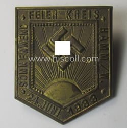 Commemorative, golden-bronze-toned, so-called: 'N.S.D.A.P'-related day-badge (ie. 'tinnie') showing...