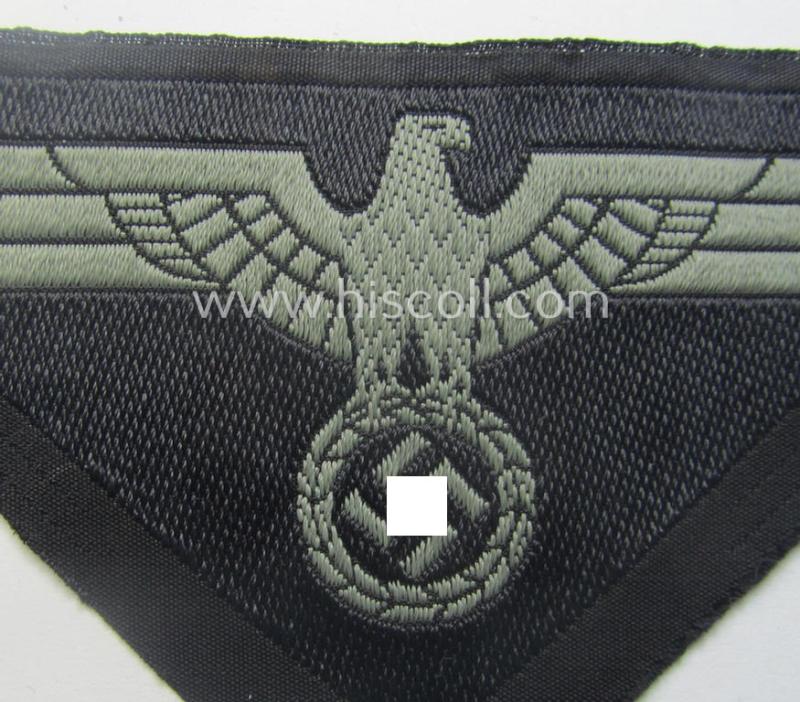 Later-war-period, WH (Heeres) - ie. 'Panzer'-related, so-called: 'M44'-pattern, trapezoid-shaped breasteagle being a greyish-coloured example as executed in the 'BeVo'-weave pattern on a black-coloured background