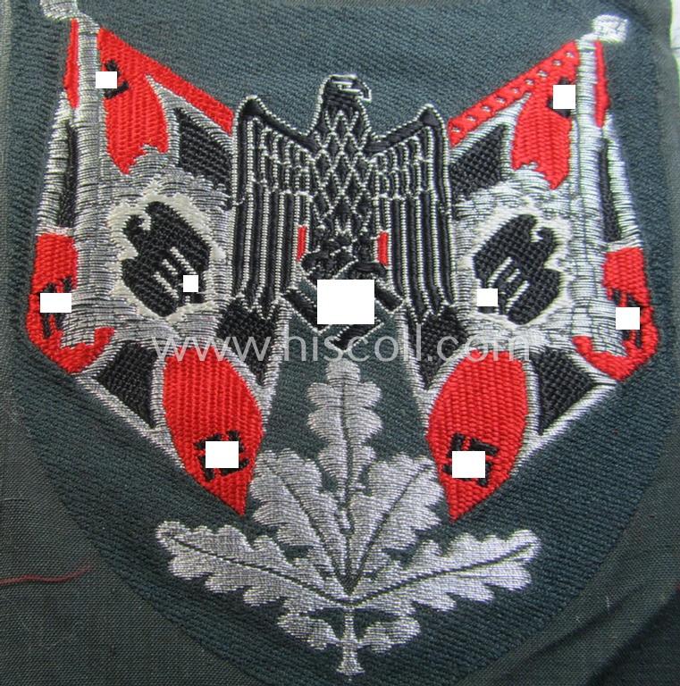 Superb - and scarcely encountered! - WH (Heeres), flat-wire- (ie. 'BeVo'-) woven 'Ärmelabzeichen für Fahnenträger des Heeres' as was intended for a soldier (ie. NCO) who served within a: '(Sturm)Artillerie'-unit