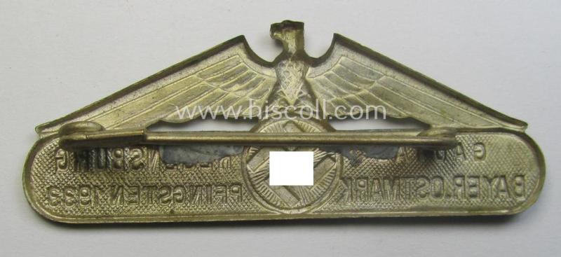 Unusual, silver-toned, N.S.D.A.P.-related day-badge (ie. 'tinnie') being a non-maker-marked example as was issued to commemorate a specific meeting entitled: 'Gautag Regensburg - Bayer.Ostmark - Pfingsten 1933'