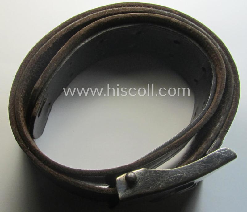 Complete(!) DJ (ie. 'Deutsches Jungvolk') silver-coloured- (ie. typical nickle-chromed) belt-buckle (ie. 'Koppelschloss') being a maker- (ie. 'RzM U.E. 72'-) marked example that comes mounted onto its (nicely marked), leather-based belt