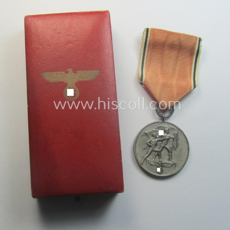 WH Austrian-occupation- (ie. 'Anschluss'-) medal: '13. März 1938' being a very attractive (albeit somewhat tarnished) example that comes stored in its bright-red-coloured- and/or typical non-maker-marked etui as issued