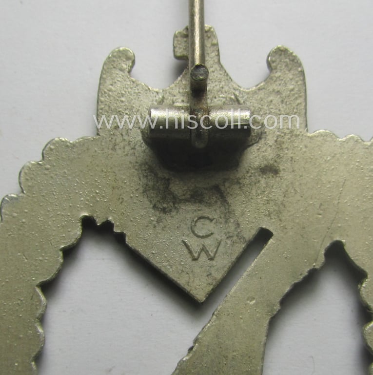 Attractive, 'Infanterie-Sturmabzeichen in Silber' (or: silver-class infantry-assault badge ie. IAB) being a neatly maker- (ie. 'C.W'- or: 'Carl Wild'-) marked example as executed in truly 'frosted', silverish-coloured 'Feinzink'