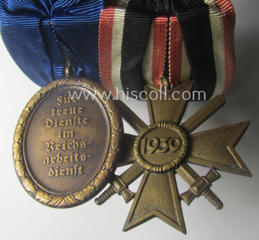 2-pieced RAD- (ie. 'Reichsarbeitsdienst'-) related medal-bar (ie. 'Orden- o. Doppelspange') showing resp. a: 'Kriegsverdienstkreuz II. Klasse mit Schwn.' and a: 'RAD-Dienstauszeichnung 4. Stf. für Männer'