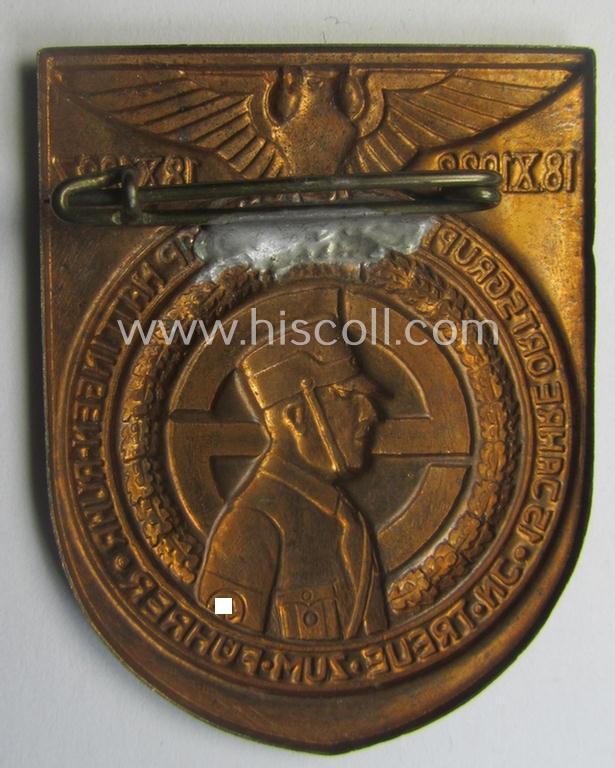 Unusually seen, reddish-bronze-toned, SA-related day-badge (ie. 'tinnie' or: 'Veranstaltungsabzeichen') as was issued to commemorate an event entitled: '18.X.1922 - 18.X.1937 - 15 Jahre Ortsgruppe der NSDAP Hattingen-Ruhr - Im Treue zur Führer'