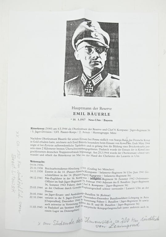 Signature of Wehrmacht Heer KC Recipient 'Emil Bauerle'